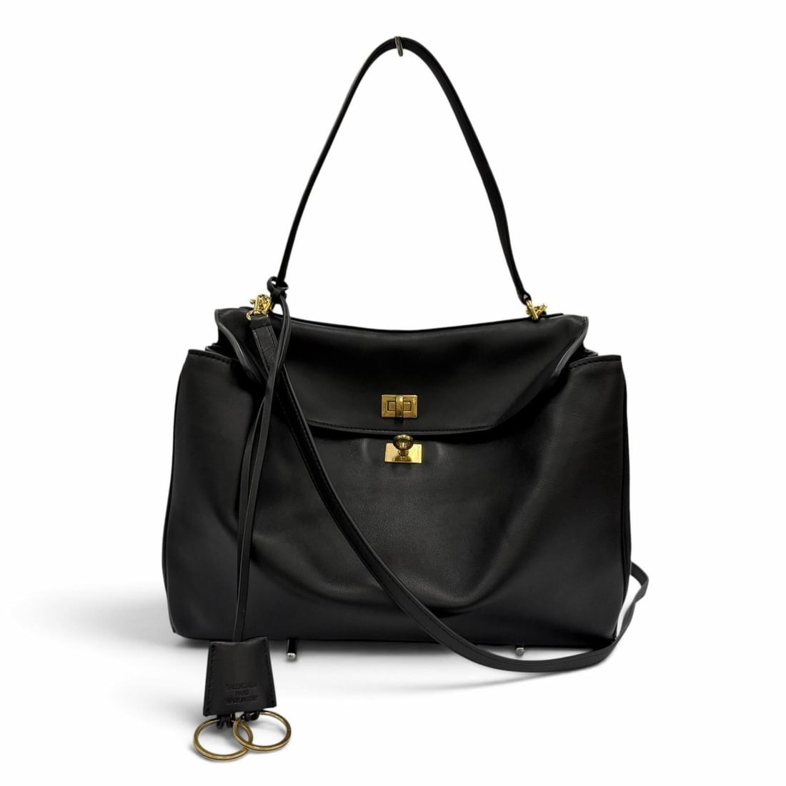 BALENCIAGA Rodeo Medium Smooth Calfskin 2-Way Shoulder Bag/Handbag, Black, Made in Italy, Women's,: --- Catalog ---Category: SizeSize (HxWxD): 28cm x 36cm x 10cm / 11.02'' x 14.17'' x 3.93''Category: DesignType: Handbag, Shoulder bagColor: BlackGender: WomenMaterial: Leather Leather/Fur Type: Smooth