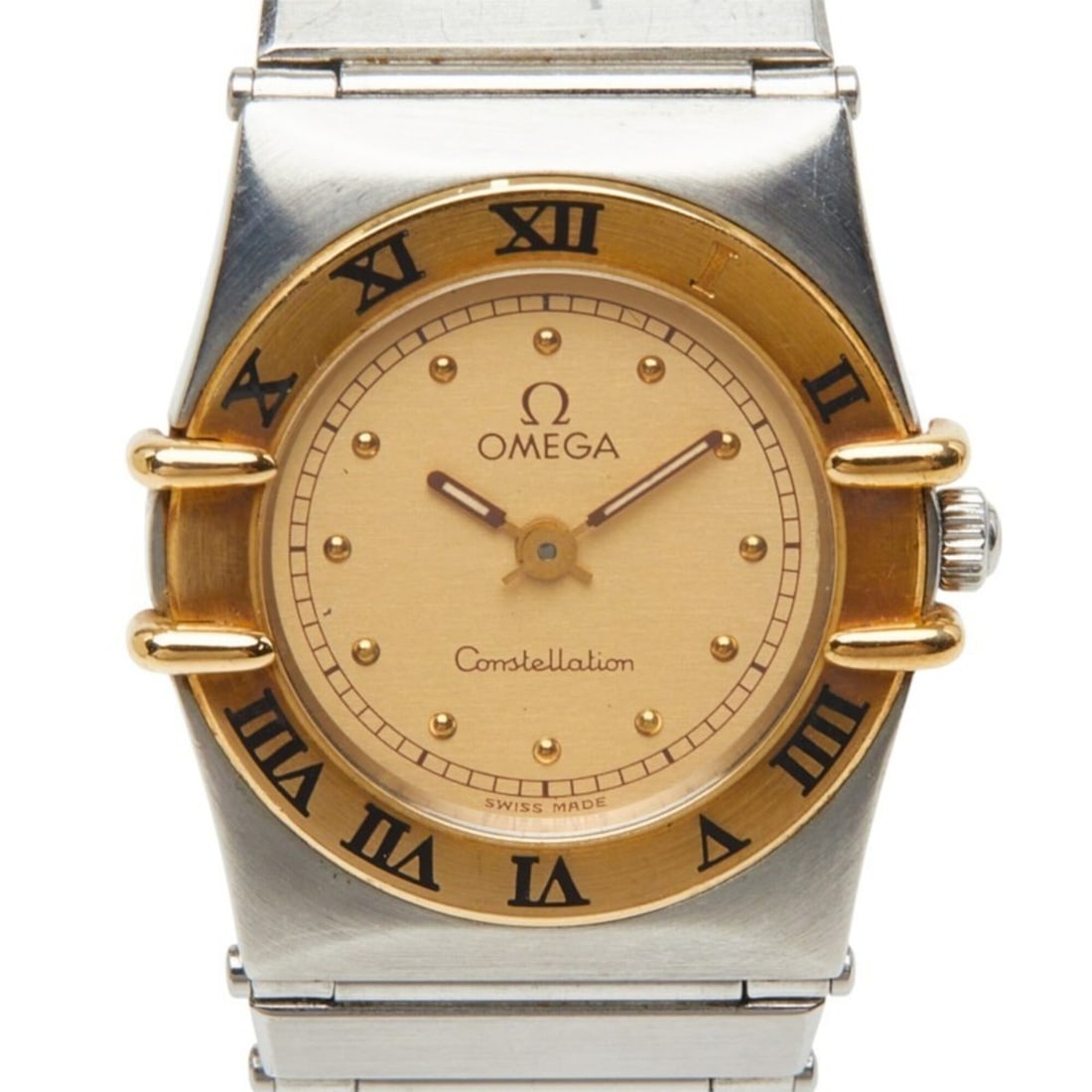 Omega Constellation Quartz Watch, Gold Dial, Stainless Steel, Yellow Gold, Ladies' Watch: --- Catalog ---Category: SizeWrist Size: 14.5cm / 5.7''Case Diameter: 21.7mm / 0.85''Category: DesignType: WristwatchGender: WomenColor (Dial): GoldMaterial (Band): Stainless steel, Yellow goldMateria