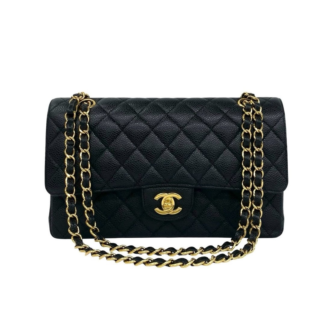 CHANEL Matelassé 25 Double Flap Coco Mark Caviar Skin Shoulder Bag Black 121-9: --- Catalog ---Category: SizeSize (HxWxD): 15cm x 25.5cm x 6.5cm / 5.9'' x 10.03'' x 2.55''Category: DesignType: Shoulder bagColor: BlackGender: WomenMaterial: Grained Calfskin Category: GeneralBrand: