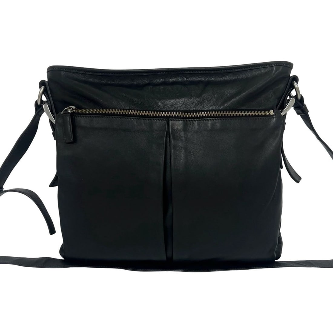 PRADA logo embossed leather one-shoulder bag, tote body black, 55529 (1 of 13)