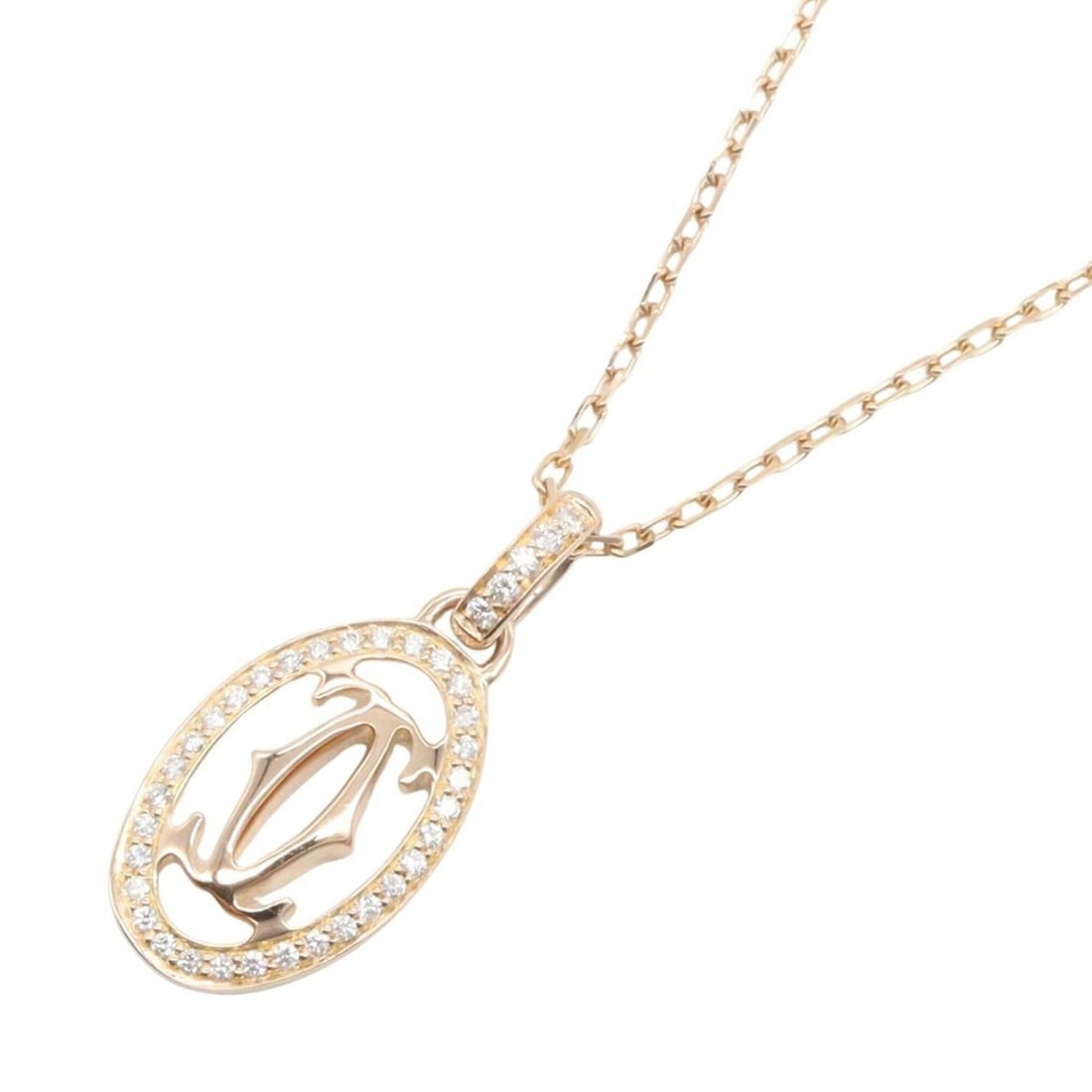 Cartier Double C Diamond Necklace, 18K Pink Gold (PG), Women's Tone, Clear Tone: --- Catalog ---Category: SizePendant Size: 22mm x 10mm / 0.86'' x 0.39''Neck Circumference: 38 cm - 41 cm / 14.96'' - 16.14''Category: DesignColor: Clear, GoldGender: WomenMaterial: Pink gold