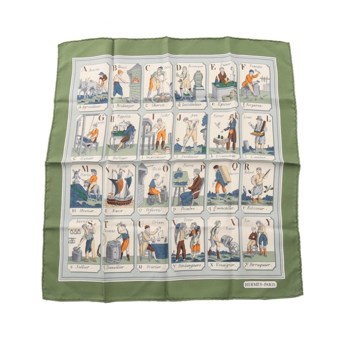 Hermes Petit Carré 45 L'ALPHABET DES METIERS Scarf Muffler Silk Women's Green Multicolor: --- Catalog ---Category: SizeSize (LxW): 42cm x 42cm / 16.53'' x 16.53''Category: DesignType: ScarfColor: Green, Multi-colorGender: WomenMaterial: Silk Category: GeneralBrand: Hermes--- Item List ---S