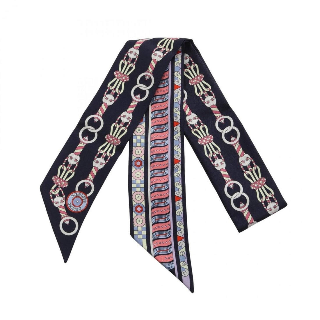 Hermes Twilly HARNAIS EN ROSACE Ribbon Scarf Muffler Silk Women's Navy Pink Multicolor: --- Catalog ---Category: SizeSize (LxW): 85cm x 5cm / 33.46'' x 1.96''Category: DesignType: ScarfColor: Multi-color, Navy, PinkGender: WomenMaterial: Silk Category: GeneralBrand: Hermes--- Item List -
