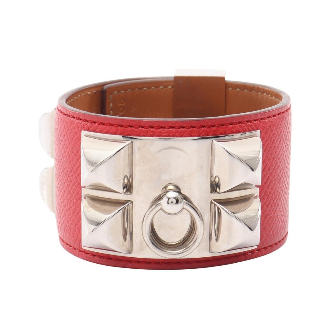 Hermes Collier de Chien Bangle, Veau Epsom Leather, Metal, Women's, Red/Silver Tones: --- Catalog ---Category: DesignType: BangleColor: Red color, SilverGender: WomenMaterial: Epsom leatherCategory: GeneralBrand: Hermes--- Item List ---Section: ConditionRanking: Rank AB Used - Traces