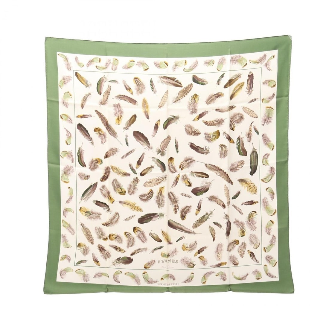 Hermes Carre 90 Plumes Scarf/Muffler, Silk, Women's, Green/Ivory: --- Catalog ---Category: SizeSize (LxW): 89cm x 89cm / 35.03'' x 35.03''Category: DesignType: ScarfColor: Green, IvoryGender: WomenMaterial: Silk Category: GeneralBrand: Hermes--- Item List