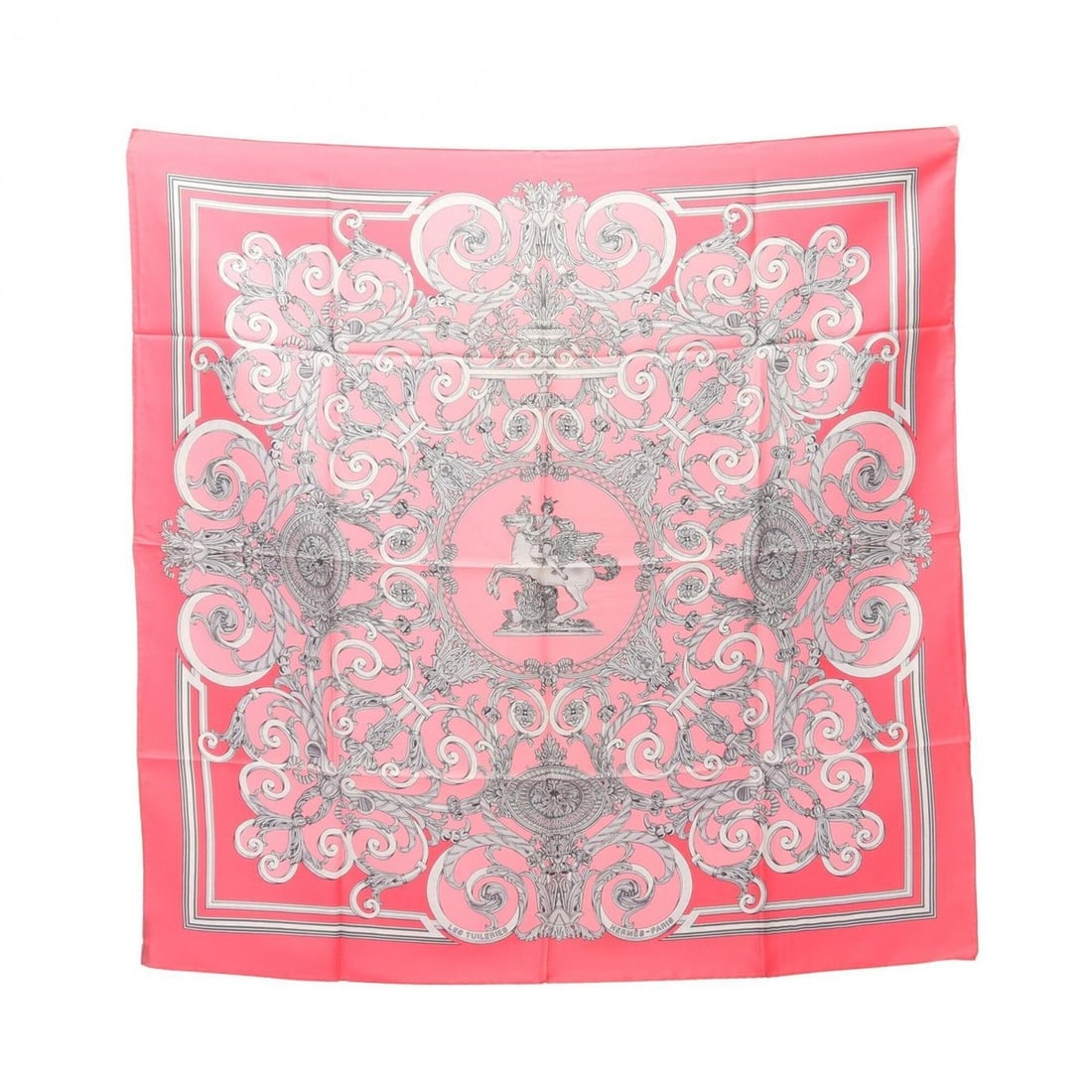 Hermes Carre 90 Les Tuileries Scarf/Muffler, Silk, Women's, Pink/Gray: --- Catalog ---Category: SizeSize (LxW): 89cm x 89cm / 35.03'' x 35.03''Category: DesignType: ScarfColor: Gray, PinkGender: WomenMaterial: Silk Category: GeneralBrand: Hermes--- Item List ---Section: