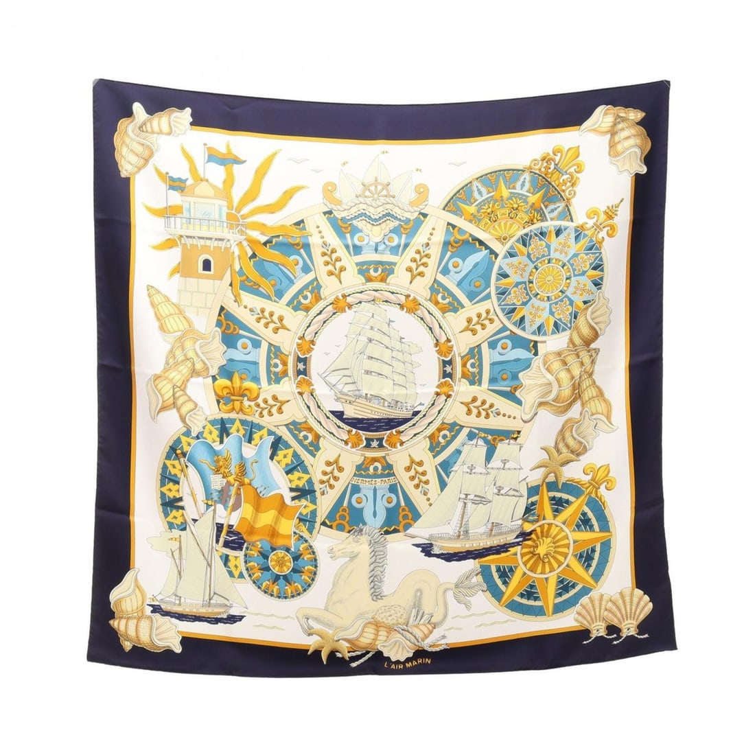 Hermes Carre 90 L'AIR MARIN Scarf/Muffler, Silk, Women's, Navy/Multicolor: --- Catalog ---Category: SizeSize (LxW): 89cm x 89cm / 35.03'' x 35.03''Category: DesignType: ScarfColor: Multi-color, NavyGender: WomenMaterial: Silk Category: GeneralBrand: Hermes--- Item List