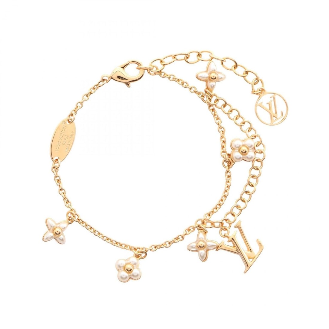 Louis Vuitton LV Floragram Bracelet, Gold Plated (GP), Women's, Gold/White, M0940A: --- Catalog ---Category: SizeLength: 18cm / 7.08''Category: DesignType: Charm braceletColor: Gold, WhiteGender: WomenMaterial: Gold platingCategory: GeneralMPN: M0940ABrand: Louis Vuitton--- Item