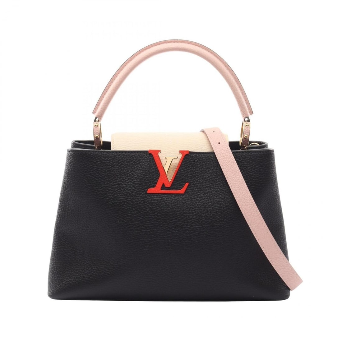 Louis Vuitton Capucines PM Noir Crème 2-Way Handbag, Taurillon Leather, Women's, Black, Pink, Ivory: --- Catalog ---Category: SizeSize (HxWxD): 21cm x 31cm x 10.5cm / 8.26'' x 12.2'' x 4.13''Category: DesignType: HandbagColor: Black, Ivory, PinkGender: WomenMaterial: Leather Leather/Fur Type: Taurill