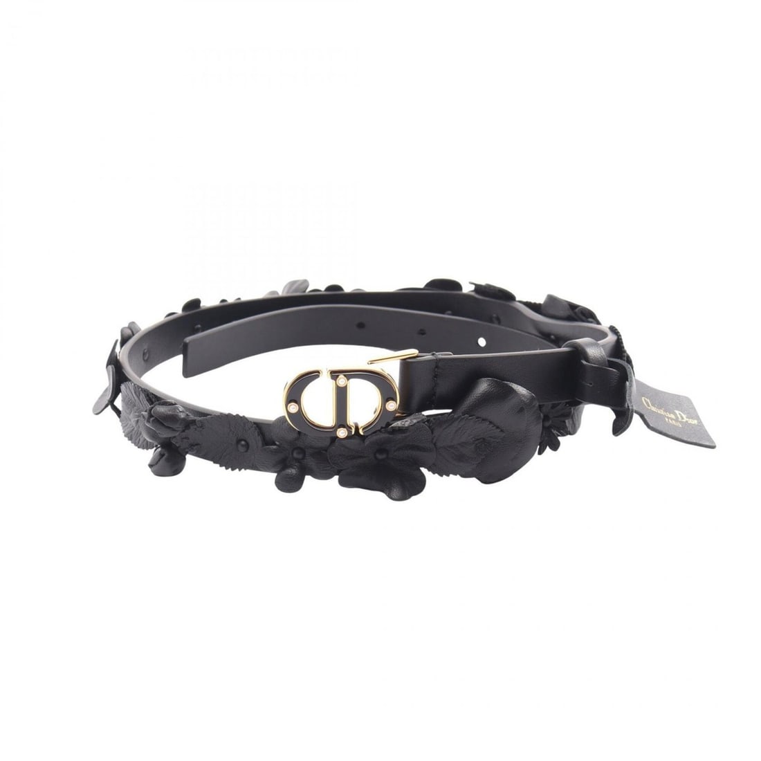 Christian Dior Dior CD logo buckle flower gold hardware leather belt for women, black: --- Catalog ---Category: SizeWidth: 1.5cm / 0.59''Length: 65cm - 75cm / 25.59'' - 29.52''Category: DesignType: Woven beltColor: BlackGender: WomenEmbellishment: AbrasionMaterial (Strap): Leather Categ
