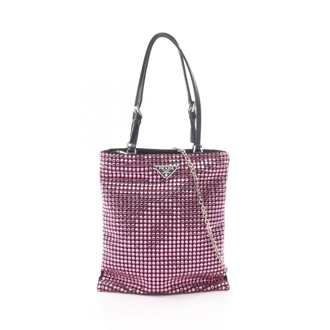 Prada Triangle Logo Crystal 2-Way Handbag, Fabric Leather, Women's, Pink/Black: --- Catalog ---Category: SizeSize (HxWxD): 19cm x 17cm x 5.00mm / 7.48'' x 6.69'' x 0.19''Category: DesignType: HandbagColor: Black, PinkGender: WomenMaterial: Fabric , Leather Category: GeneralBrand: