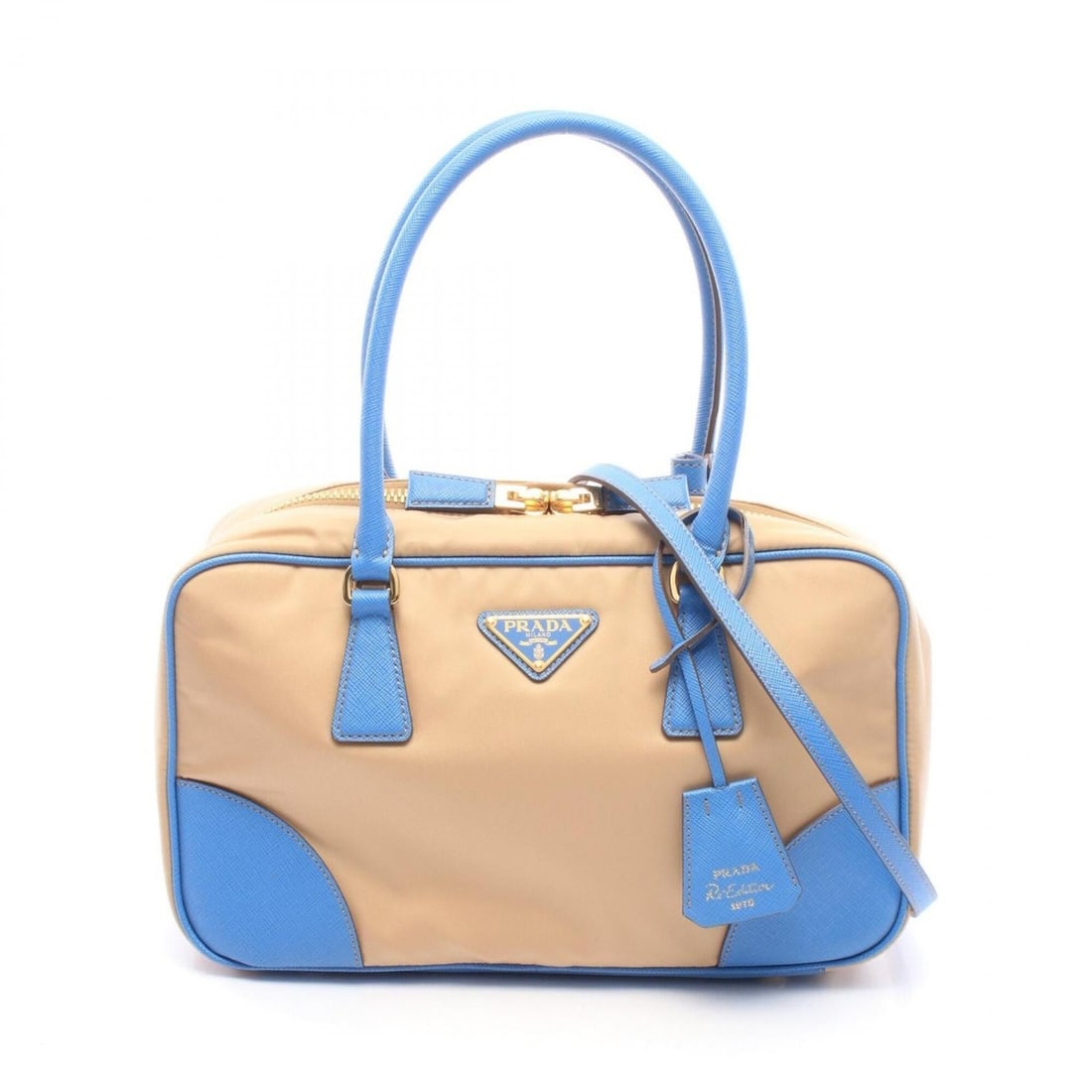 Prada Triangle Logo 2-Way Handbag, Nylon Leather, Women's, Beige/Blue (1 of 14)