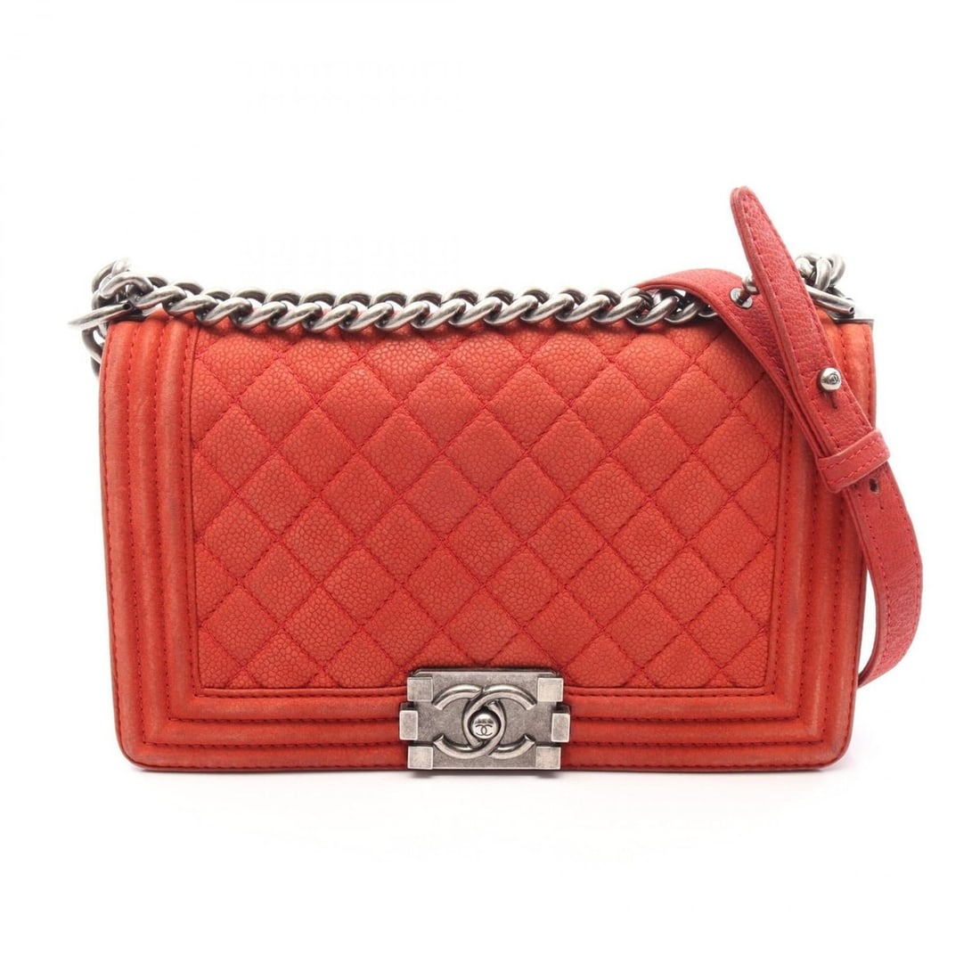Chanel Boy Shoulder Bag/Handbag, Caviar Leather (Grained Calfskin), Women's, Red, A67086: --- Catalog ---Category: SizeSize (HxWxD): 14.5cm x 25cm x 7cm / 5.7'' x 9.84'' x 2.75''Category: DesignType: Handbag, Shoulder bagColor: Red colorGender: WomenMaterial: Grained Calfskin Hardware Colo