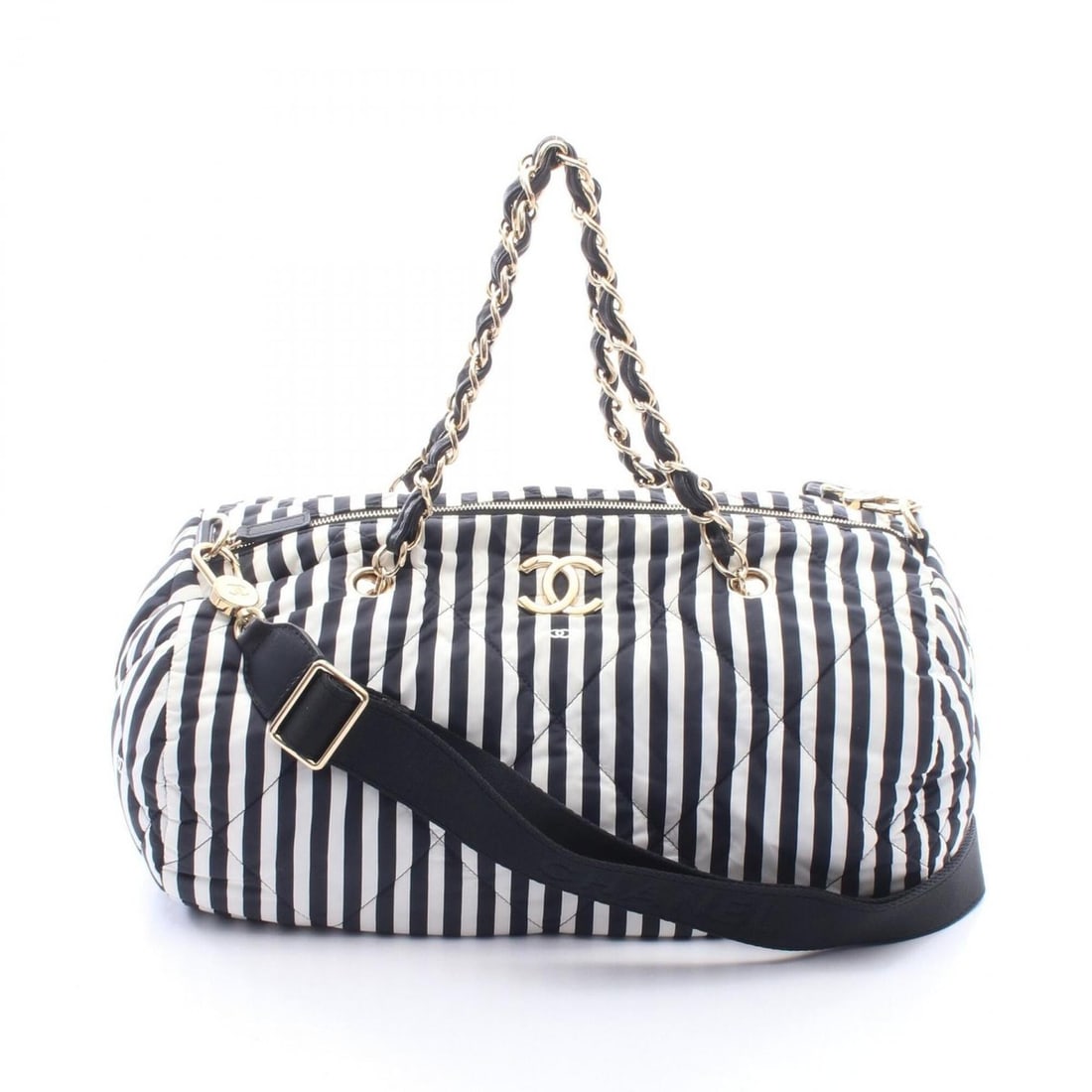 Chanel Coco Mark Bowling Bag, Striped, 2-Way Handbag, Nylon Leather, Women's, Black/White, AS4696: --- Catalog ---Category: SizeSize (HxWxD): 18cm x 34cm x 18cm / 7.08'' x 13.38'' x 7.08''Category: DesignType: HandbagColor: Black, WhiteGender: WomenMaterial: Nylon , Leather Hardware Color: GoldCate