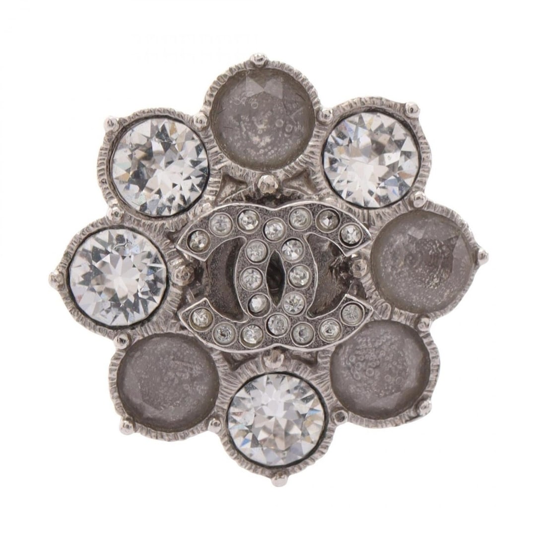 Chanel Coco Mark Flower Motif Ring - Metal, Rhinestone, Women's, Silver/Clear Tones (1 of 12)