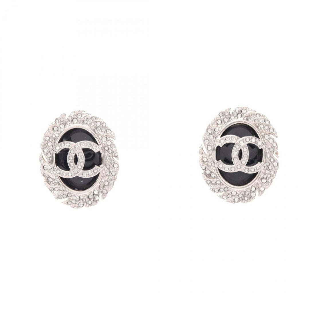 Chanel Coco Mark Earrings, Metal, Rhinestone, Women's, Silver, Black, Clear (1 of 12)