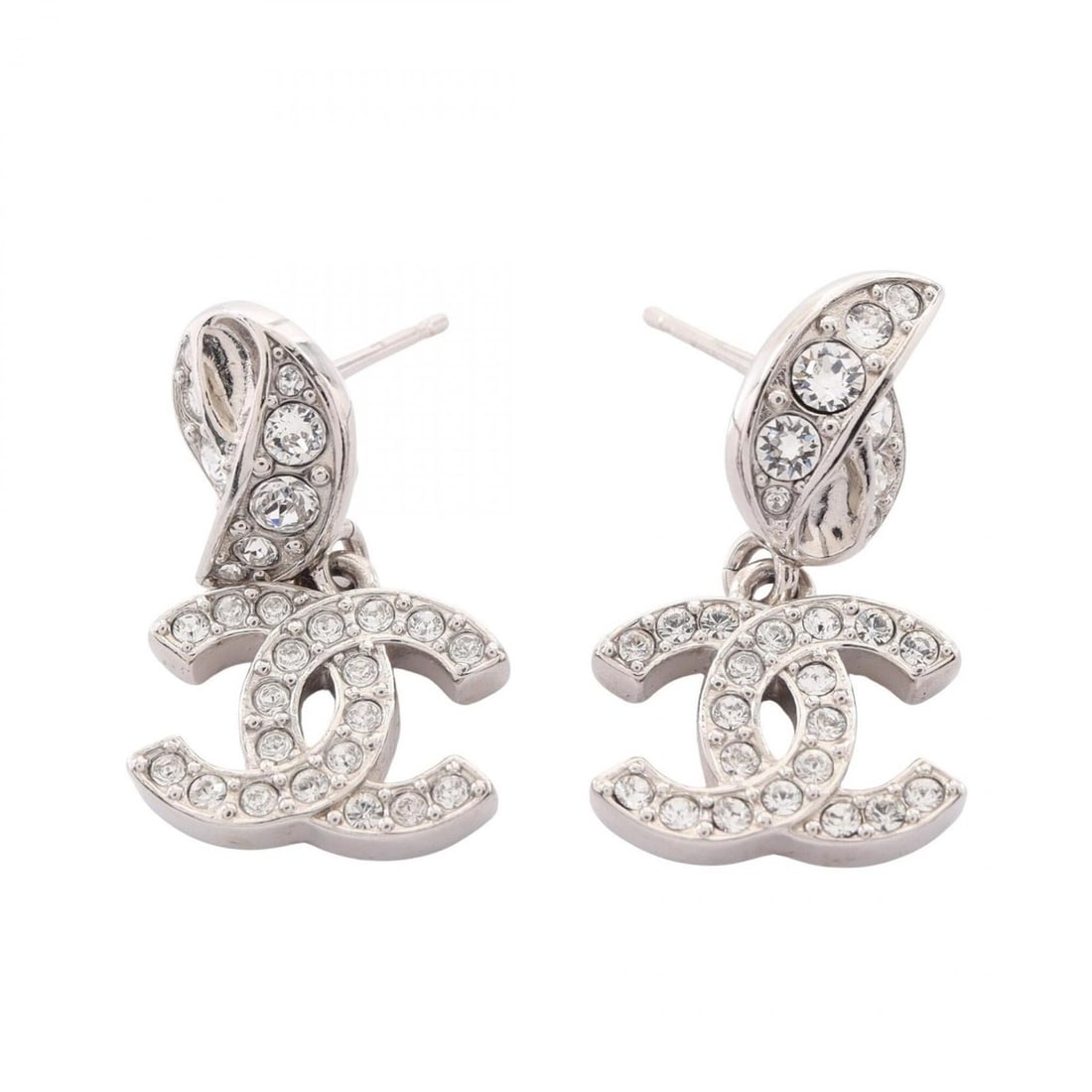 Chanel Coco Mark Earrings, Metal, Rhinestone, Women's, Silver/Clear Tones (1 of 12)