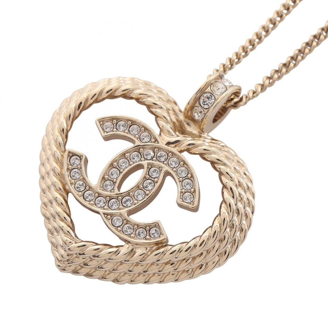 Chanel Coco Mark Heart Necklace, Gold Plated (GP) Rhinestone Women's, Tone, Clear Tone: --- Catalog ---Category: SizePendant Size: 32mm x 30mm / 1.25'' x 1.18''Neck Circumference: 41 cm - 59 cm / 16.14'' - 23.22''Category: DesignColor: Clear, GoldGender: WomenMaterial: Gold plating, Rhin