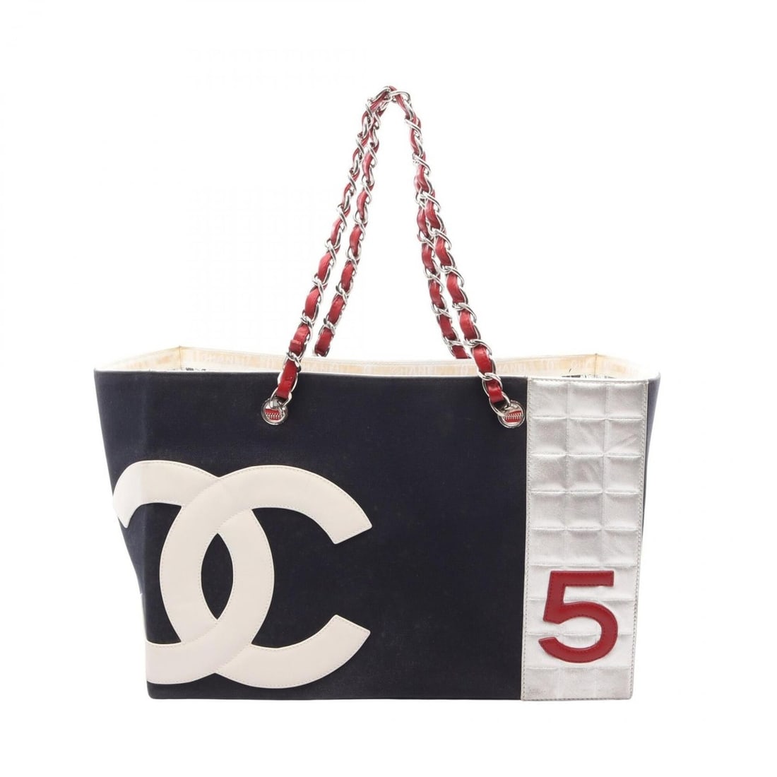 Chanel No. 5 Chocolate Bar Coco Mark Tote Bag Handbag Canvas Leather Women's Navy Silver Red: --- Catalog ---Category: SizeSize (HxWxD): 19cm x 36cm x 16.5cm / 7.48'' x 14.17'' x 6.49''Category: DesignType: Handbag, Tote bagColor: Navy, Red color, SilverGender: WomenMaterial: Canvas , Leather