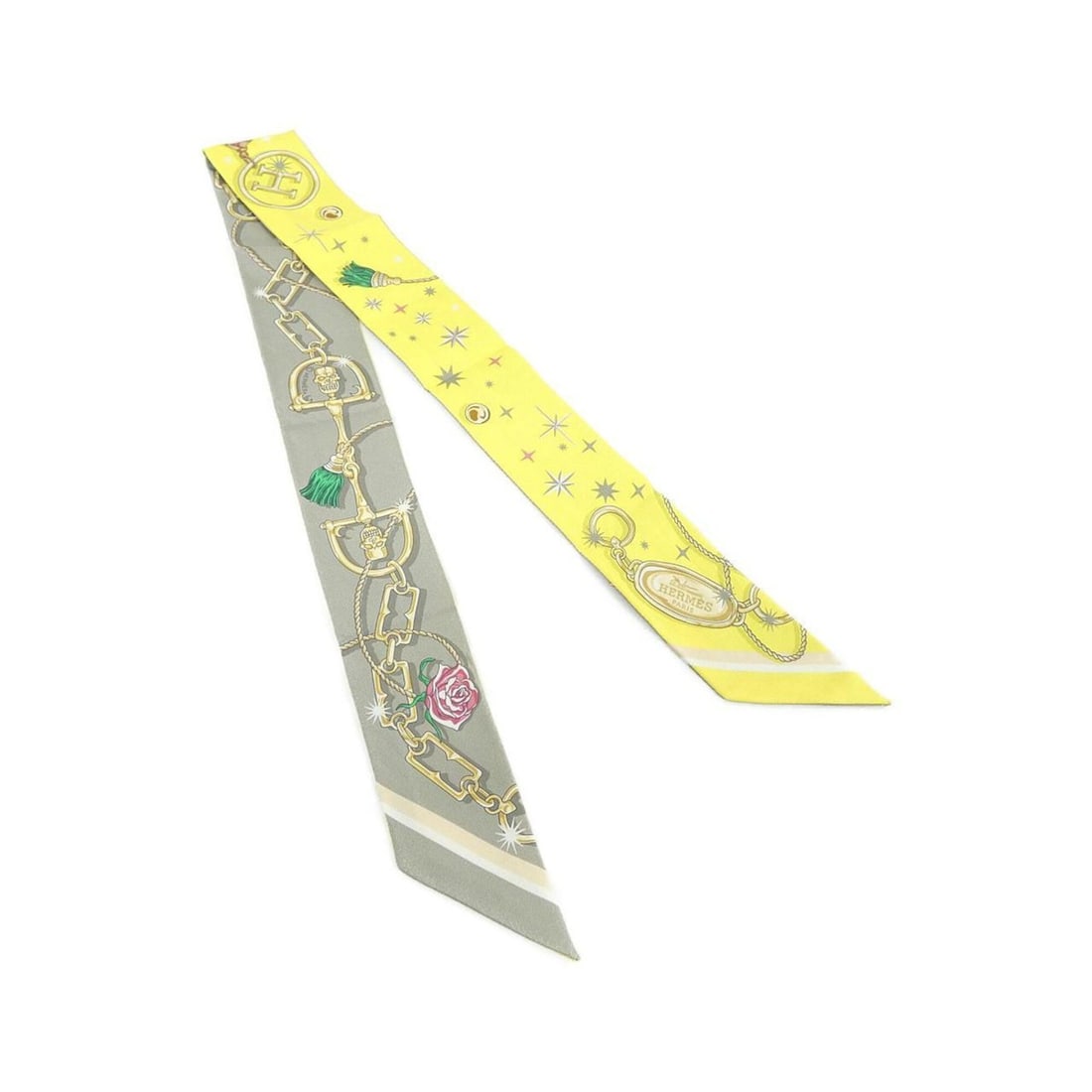 Hermes C'EST LA FETE Twilly 062743S Scarf Muffler: --- Catalog ---Category: SizeSize (LxW): 5cm x 86cm / 1.96'' x 33.85''Category: DesignType: ScarfColor: YellowGender: Men,WomenMaterial: Silk Category: GeneralMPN: 062743SLine: TwillyBrand: Hermes---