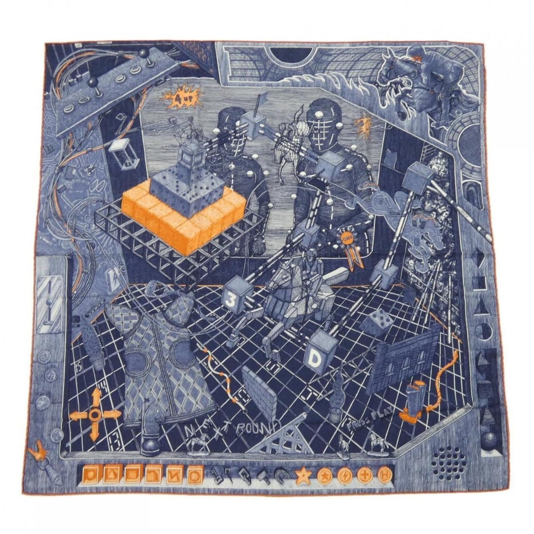 Hermes THE GAME SIGNE ELIAS KAFOUROS Carre H100 Shawl: --- Catalog ---Category: SizeSize (LxW): 98cm x 98cm / 38.58'' x 38.58''Category: DesignType: ShawlColor: Navy, OrangeGender: MenMaterial: Silk , Cashmere Category: GeneralBrand: Hermes--- Item List