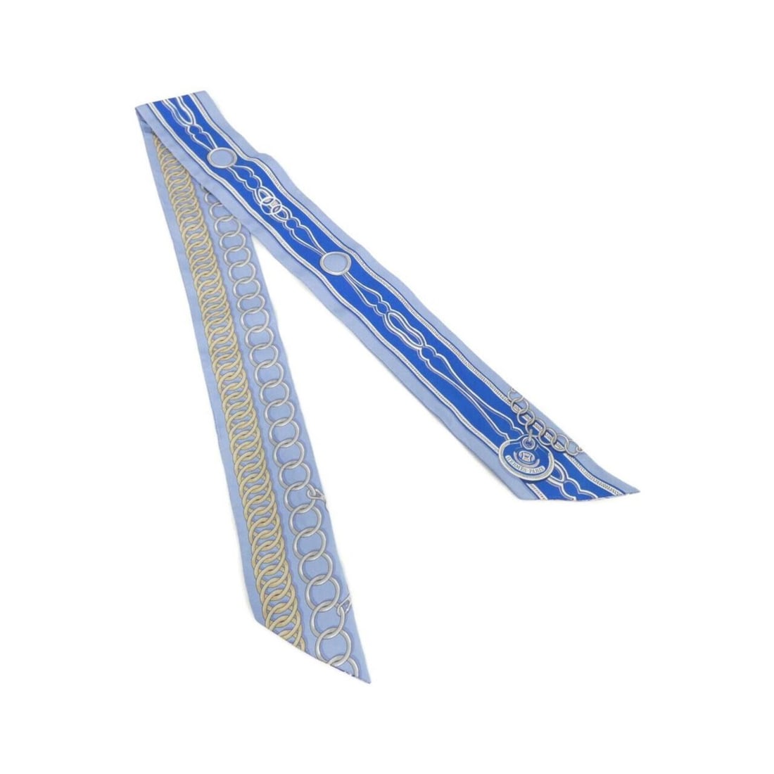Hermes MAILLONS Twilly 063357S Scarf/Muffler: --- Catalog ---Category: SizeSize (LxW): 5cm x 86cm / 1.96'' x 33.85''Category: DesignType: ScarfColor: Beige, BlueGender: Women,MenMaterial: Silk Category: GeneralMPN: 063357SBrand: Hermes--- Item