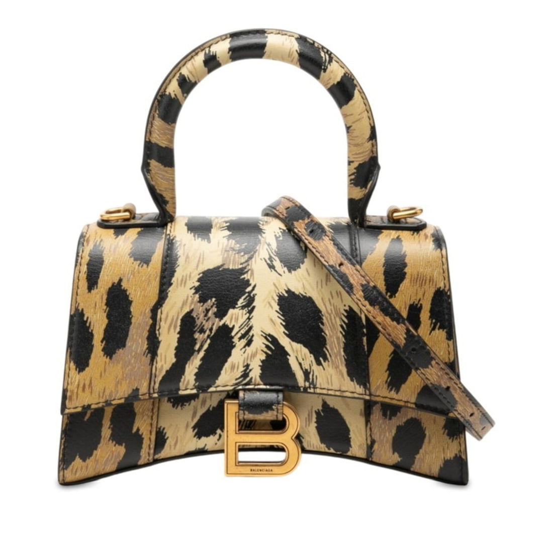 Balenciaga Leopard Hourglass XS Handbag Shoulder Bag 2WAY 592833 Brown Black Leather Women's (1 of 10)