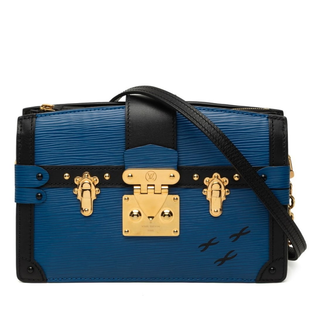 Louis Vuitton Epi Trunk Clutch Crossbody Chain Shoulder Bag M53898 Blue Noir Black Leather Women's: --- Catalog ---Category: SizeStrap Drop: 57cm / 22.44''Size (HxWxD): 15cm x 22.5cm x 5.5cm / 5.9'' x 8.85'' x 2.16''Category: DesignType: Shoulder bagColor: Black, Blue, NoirGender: WomenClosure: Zipp
