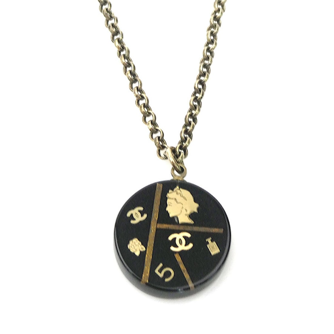 Chanel necklace, Coco Mark, metal, resin, gold, black, women's, e62193a: --- Catalog ---Category: SizePendant Size: 28mm x 20mm / 1.1'' x 0.78''Neck Circumference: 46 cm / 18.11''Category: DesignColor: Black, GoldGender: WomenMaterial: Metal, ResinNecklace Type: NecklaceCa