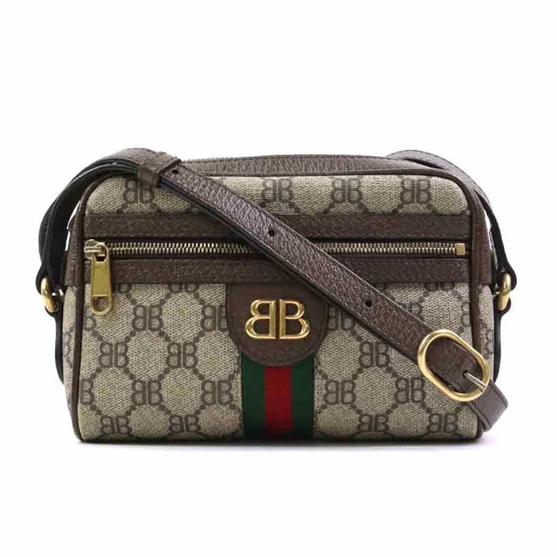 Balenciaga x Gucci cross-body shoulder bag, brown and gold leather, for men women (e62183a): --- Catalog ---Category: SizeSize (HxWxD): 11cm x 17.5cm x 5cm / 4.33'' x 6.88'' x 1.96''Category: DesignType: Shoulder bagColor: BrownGender: Men,WomenMaterial: PVC , Leather Category: GeneralBrand: 