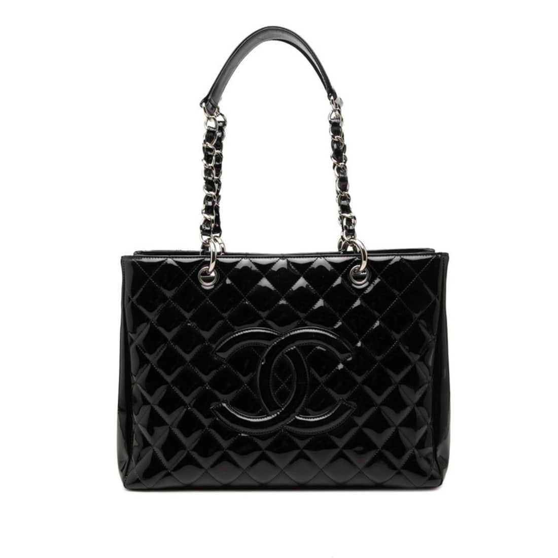 Chanel Matelassé Coco Mark Chain Tote Bag Handbag Black Patent Leather Women's CHANEL: --- Catalog ---Category: SizeHandle Drop: 21.00cm / 8.27''Size (HxWxD): 25cm x 33cm x 13.5cm / 9.84'' x 12.99'' x 5.31''Category: DesignType: Handbag, Tote bagColor: BlackGender: WomenClosure: OpenMat