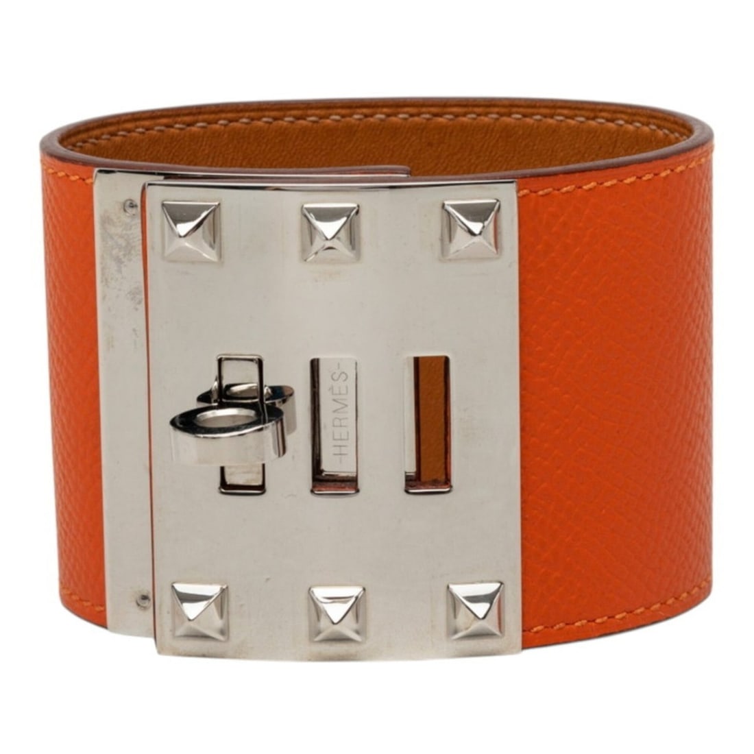 Hermes Kelly Dog Extreme Bracelet #S Orange Tone Silver Hardware Leather Metal Women's HERMES: --- Catalog ---Category: SizeWidth: 5cm / 1.96''Length: 16.5cm / 6.49''Total Length: 21.3cm / 8.38''Category: DesignType: Charm braceletColor: Orange, SilverGender: WomenMaterial: Leather, MetalCatego