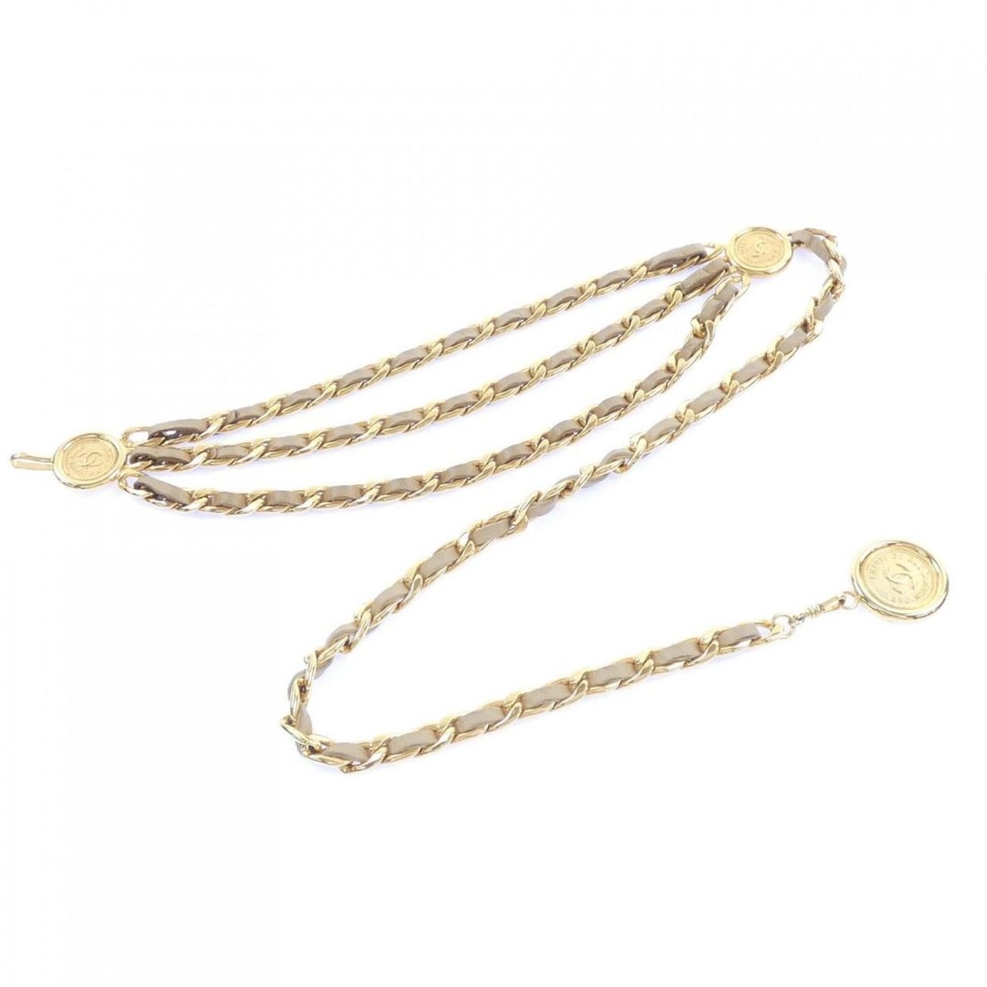 Chanel belt: --- Catalog ---Category: SizeWidth: 1cm / 0.39''Length: 88cm / 34.64''Category: DesignType: Chain beltColor: Beige, GoldGender: WomenCategory: GeneralBrand: Chanel--- Item List ---Section: