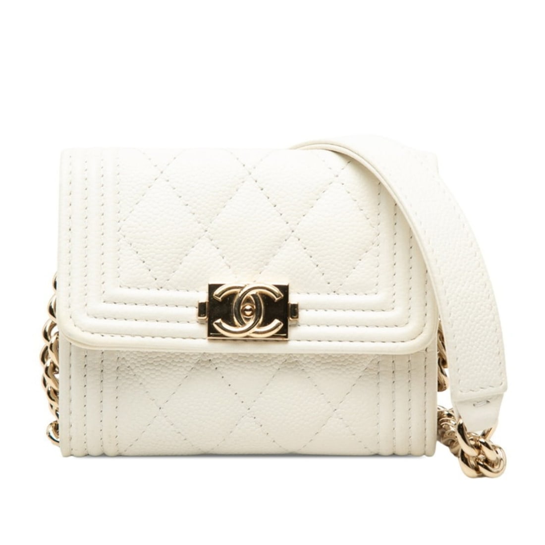 Chanel Matelassé Coco Mark Boy Crossbody Wallet Chain Shoulder Bag White Caviar Leather Women's: --- Catalog ---Category: SizeSize (HxWxD): 9cm x 11cm x 2cm / 3.54'' x 4.33'' x 0.78''Category: DesignType: Shoulder bagColor: WhiteGender: WomenMaterial: Grained Calfskin Category: GeneralBrand: Chan