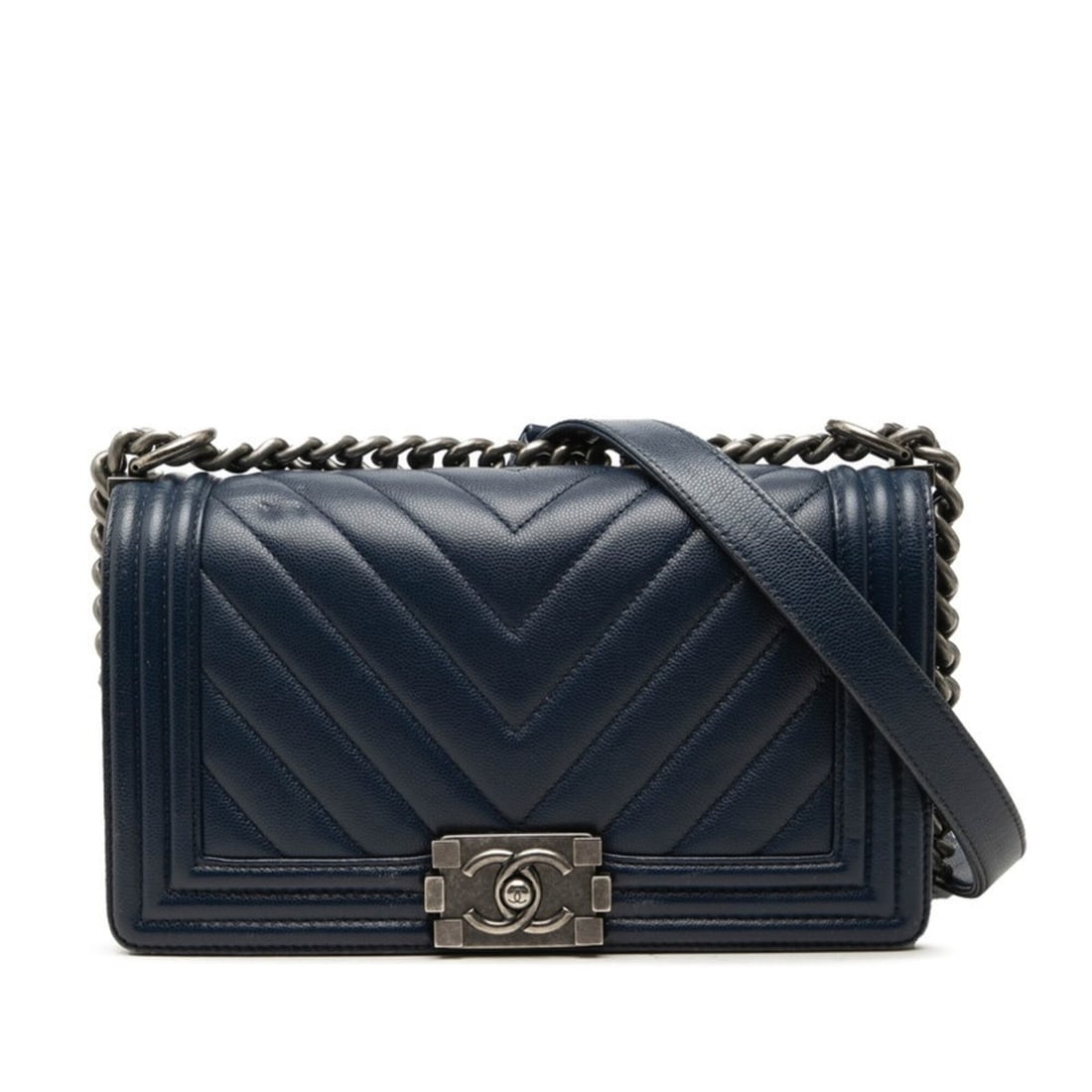 Chanel Coco Mark Boy Chain Shoulder Bag, Navy Caviar Leather, Women's CHANEL: --- Catalog ---Category: SizeSize (HxWxD): 14.5cm x 25cm x 7cm / 5.7'' x 9.84'' x 2.75''Category: DesignType: Shoulder bagColor: NavyGender: WomenMaterial: Grained Calfskin Category: GeneralBrand: Cha