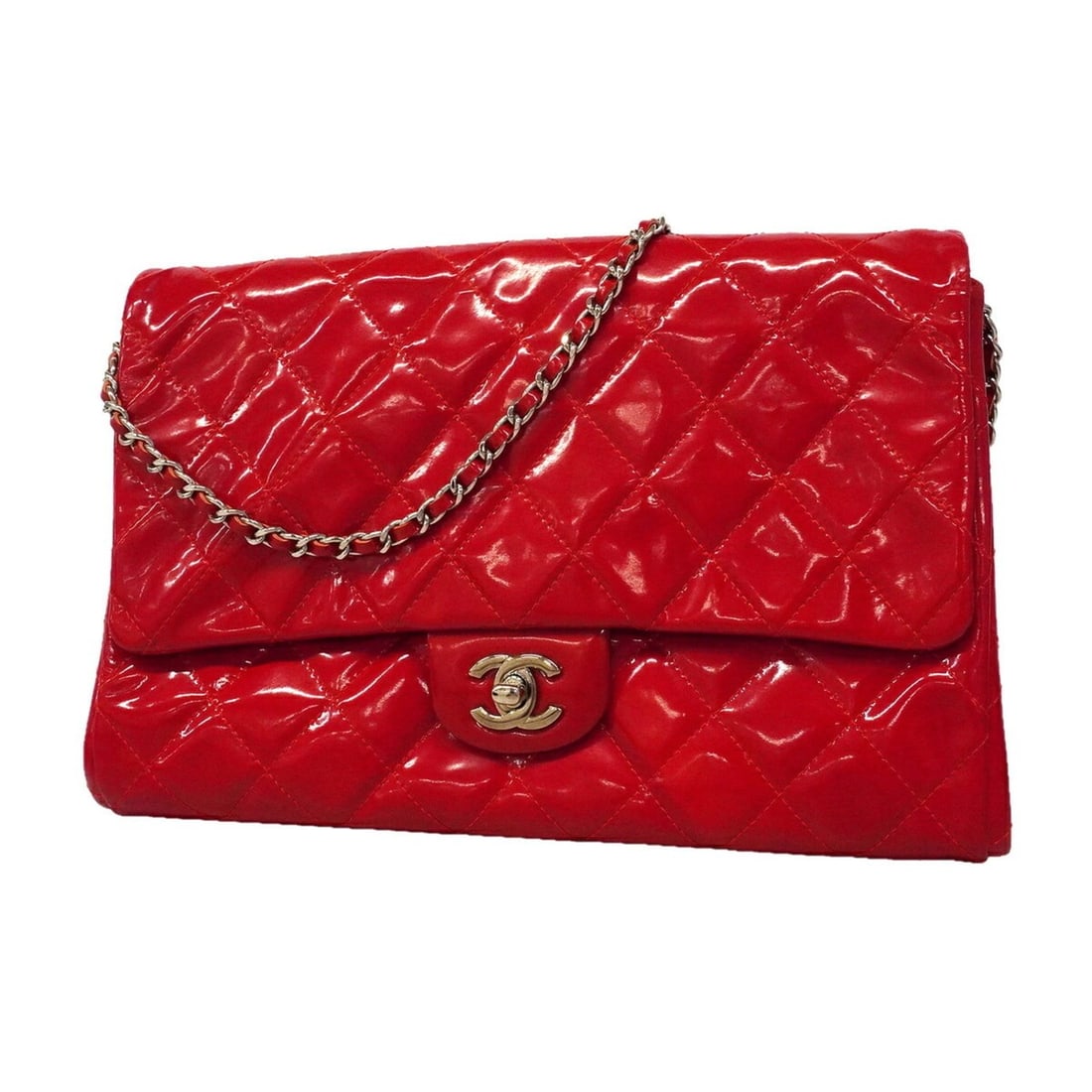 Chanel Matelassé Chain Shoulder Bag, Patent Leather, Red, Women's, OP017900