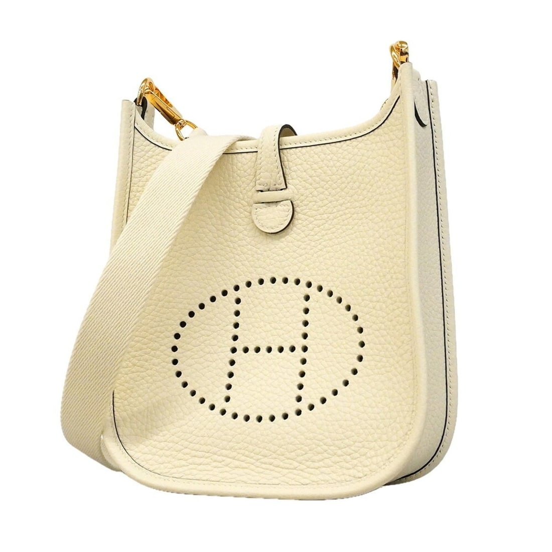 Hermes Evelyne TPM Shoulder Bag, Taurillon Clemence Leather, Cream, K Stamp, Women's, OP015829: --- Catalog ---Category: SizeSize (HxWxD): 18cm x 17cm x 6cm / 7.08'' x 6.69'' x 2.36''Category: DesignType: Shoulder bagColor: CreamGender: WomenMaterial: Taurillon clemence leather Hardware Color: G