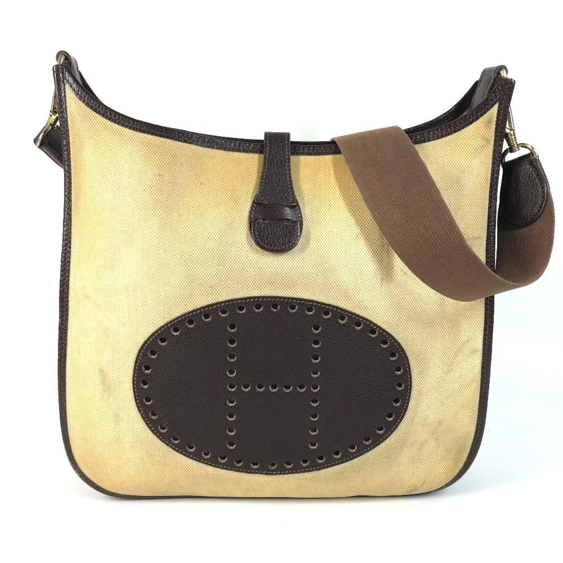 HERMES Evelyne 1 GM Bag, Crossbody Shoulder Leather, Coated Canvas, Men's, Women's, Beige: --- Catalog ---Category: SizeSize (HxWxD): 30cm x 32.5cm x 7cm / 11.81'' x 12.79'' x 2.75''Category: DesignType: Shoulder bagColor: Beige, Brown, YellowGender: Men,WomenMaterial: Leather , Coated canv