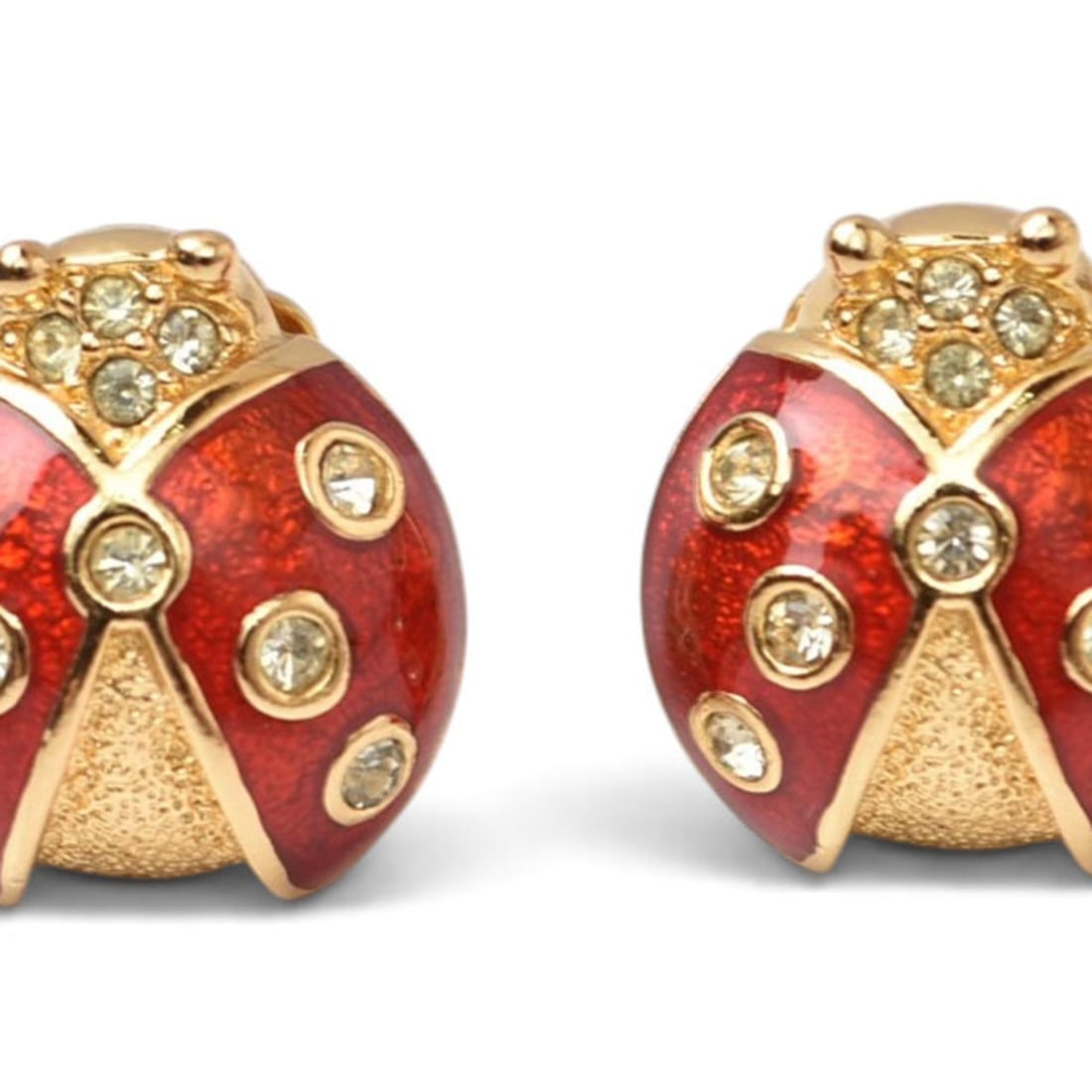 Christian Dior Earrings, Rhinestone Ladybug Design, Red and Gold: --- Catalog ---Category: SizeStone Size (HxW): 15.00mm x 17.00mm / 0.59'' x 0.67''Category: DesignColor: Red colorGender: WomenMaterial: RhinestoneCategory: GeneralBrand: Christian DiorCountry of Orig
