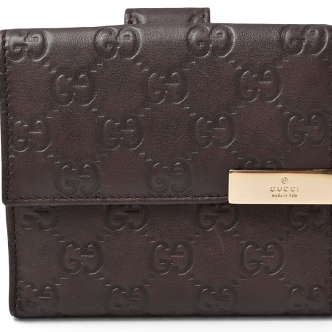 Gucci bi-fold wallet, Guccissima 257015, leather, dark brown, gold, men's and women's.: --- Catalog ---Category: SizeSize (HxWxD): 10.3cm x 12cm x 2.5cm / 4.05'' x 4.72'' x 0.98''Category: DesignType: Wallet (bi-fold)Color: Dark brownGender: Men,WomenMaterial: Leather Category: GeneralMP