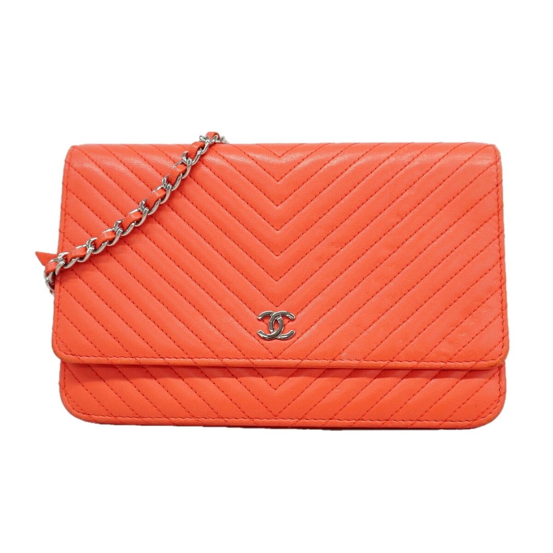 Chanel Wallet/Shoulder Wallet, V-stitch Chain Shoulder Bag, Lambskin, Orange, Women's: --- Catalog ---Category: SizeSize (HxWxD): 13cm x 19cm x 2.5cm / 5.11'' x 7.48'' x 0.98''Category: DesignType: Chain/Shoulder walletColor: OrangeGender: WomenMaterial: Leather Leather/Fur Type: Lambsk