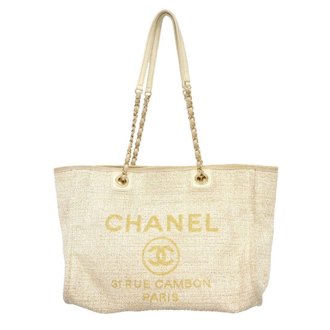 Chanel Deauville Tweed Chain Tote Bag, Ivory, Women's: --- Catalog ---Category: SizeSize (HxWxD): 29cm x 34cm x 20cm / 11.41'' x 13.38'' x 7.87''Category: DesignType: Tote bagColor: IvoryGender: WomenMaterial: Tweed Hardware Color: GoldCategory: GeneralBr