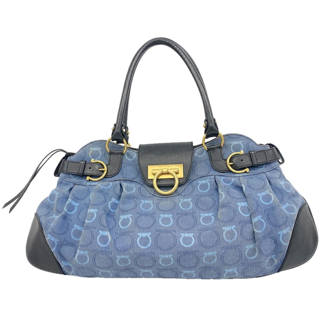 Salvatore Ferragamo Gancini Canvas Handbag, Blue/Black, Women's: --- Catalog ---Category: SizeSize (HxWxD): 24cm x 48cm x 1.5cm / 9.44'' x 18.89'' x 0.59''Category: DesignType: HandbagColor: Black, BlueGender: WomenMaterial: Canvas Hardware Color: GoldCategory: Gen