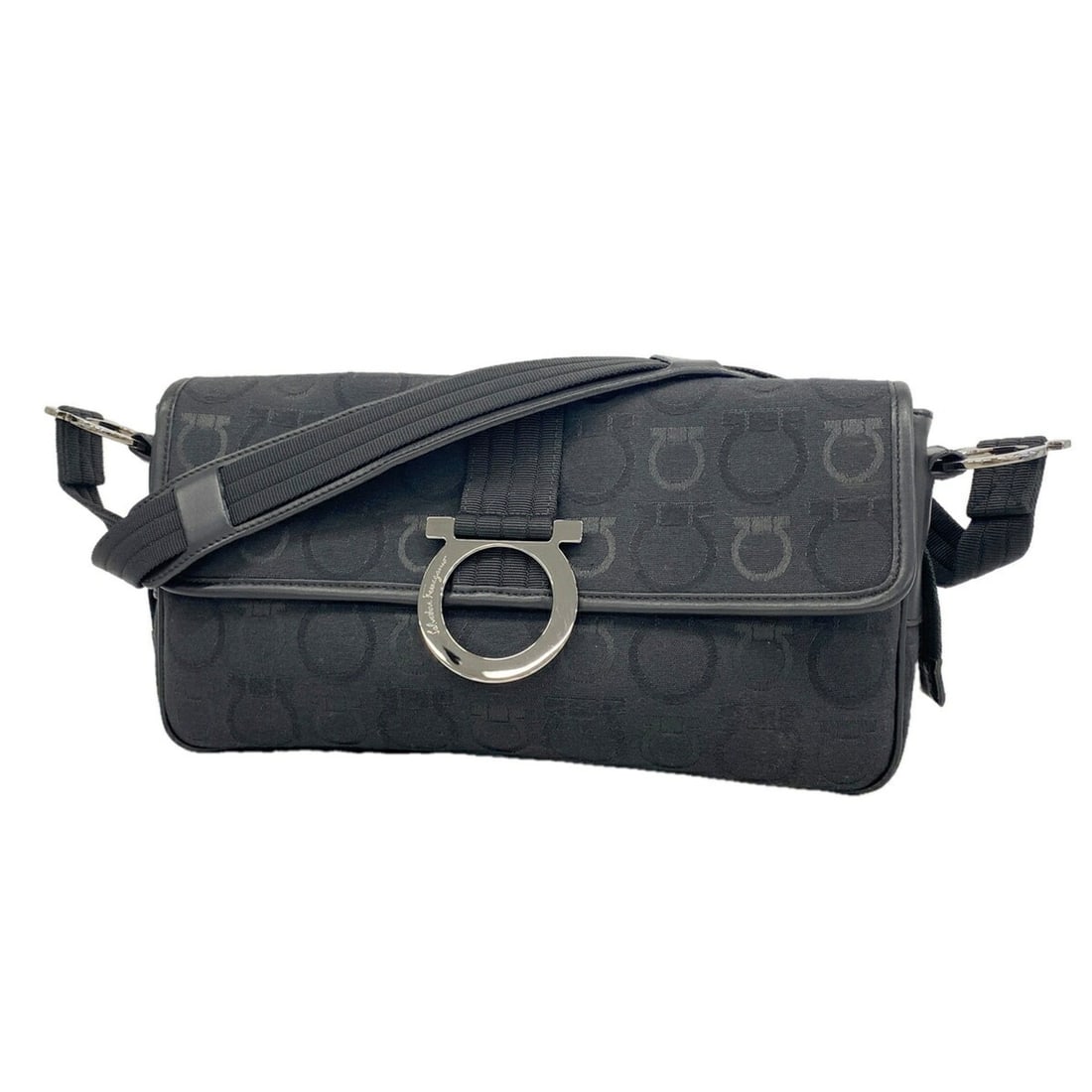 Salvatore Ferragamo Gancini Canvas Shoulder Bag, Black, Women's