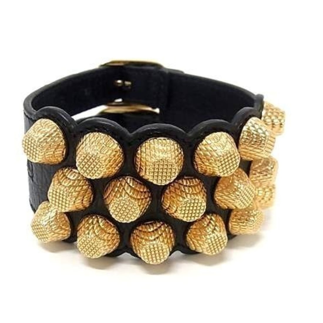 BALENCIAGA Giant Double Strap Bracelet, Black Gold Leather Metal Studs, Women's: --- Catalog ---Category: SizeLength: 17.5cm - 20.5cm / 6.88'' - 8.07''Total Length: 25.5cm / 10.03''Category: DesignType: Charm braceletColor: Black, GoldGender: WomenMaterial: Leather, MetalCategory: