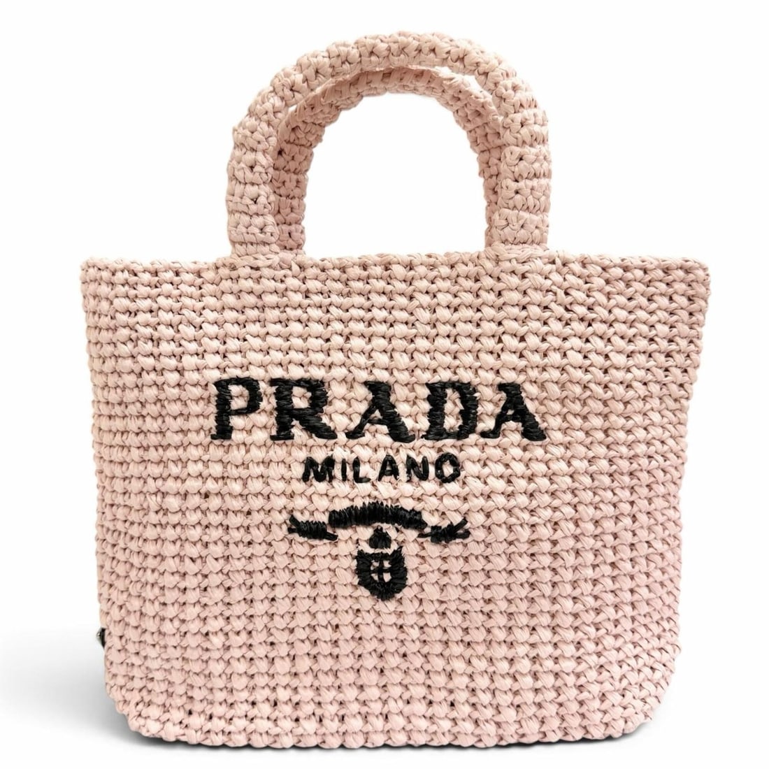 PRADA 1BG422 Small Crochet 100% Raffia Triangle Logo Tote Bag Handbag Pink Black Silver Hardware: --- Catalog ---Category: SizeSize (HxWxD): 23.5cm x 32cm x 8.5cm / 9.25'' x 12.59'' x 3.34''Category: DesignType: Handbag, Tote bagColor: Black, PinkGender: WomenMaterial: Raffia Hardware Color: Silve