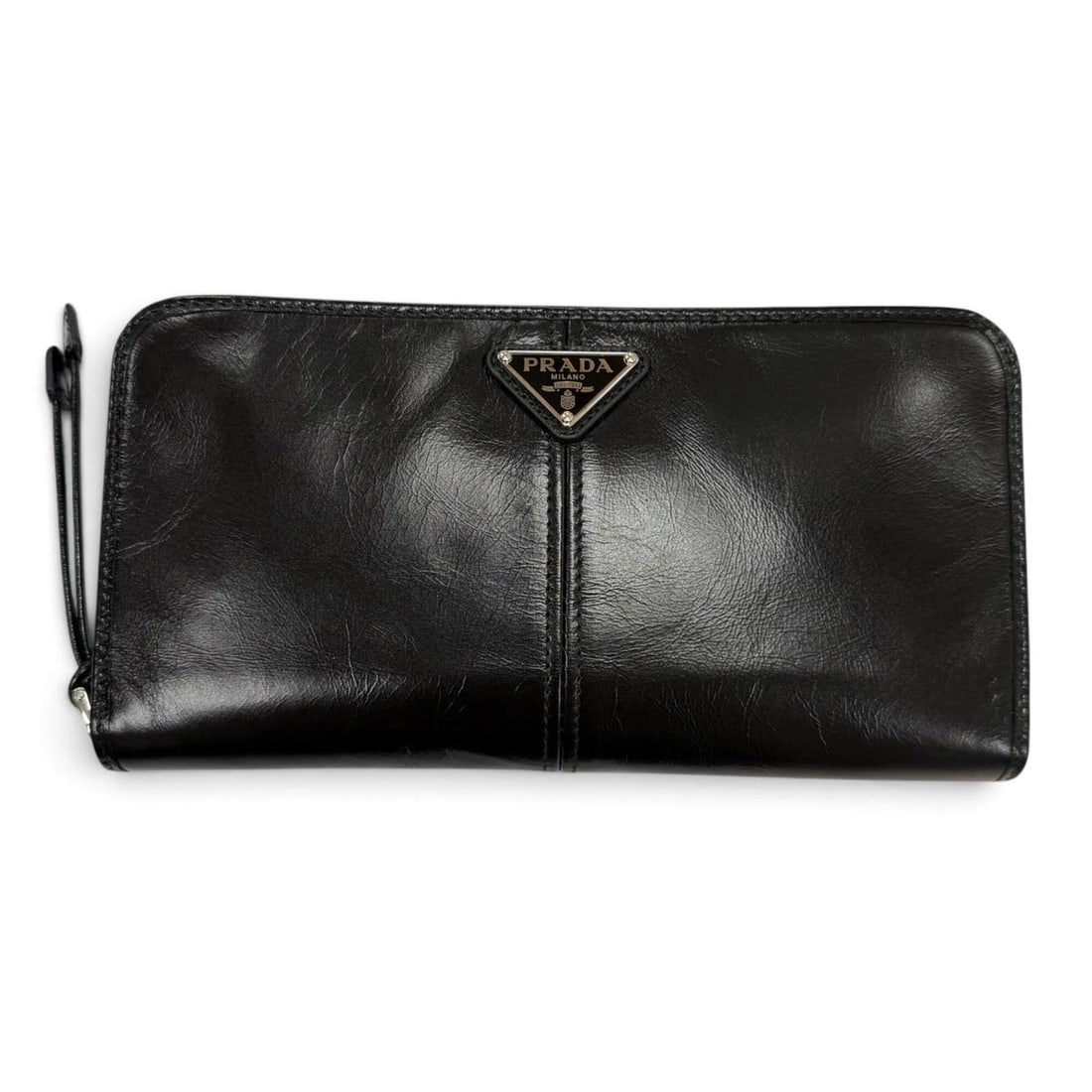 PRADA 2ML059 Soft Looks Leather Triangle Logo Round Zip Long Wallet, Black, Made in Italy, Men's, (1 of 10)