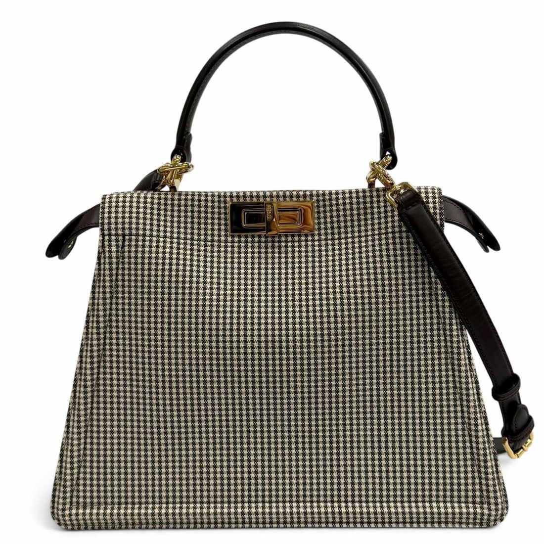 FENDI Peekaboo ISEEU Medium Canvas Houndstooth Pattern with Zucca Leather Lining, 2-Way Handbag,: --- Catalog ---Category: SizeSize (HxWxD): 25cm x 32.5cm x 11cm / 9.84'' x 12.79'' x 4.33''Category: DesignType: HandbagColor: BrownGender: WomenMaterial: Canvas , Leather Hardware Color: GoldCategory