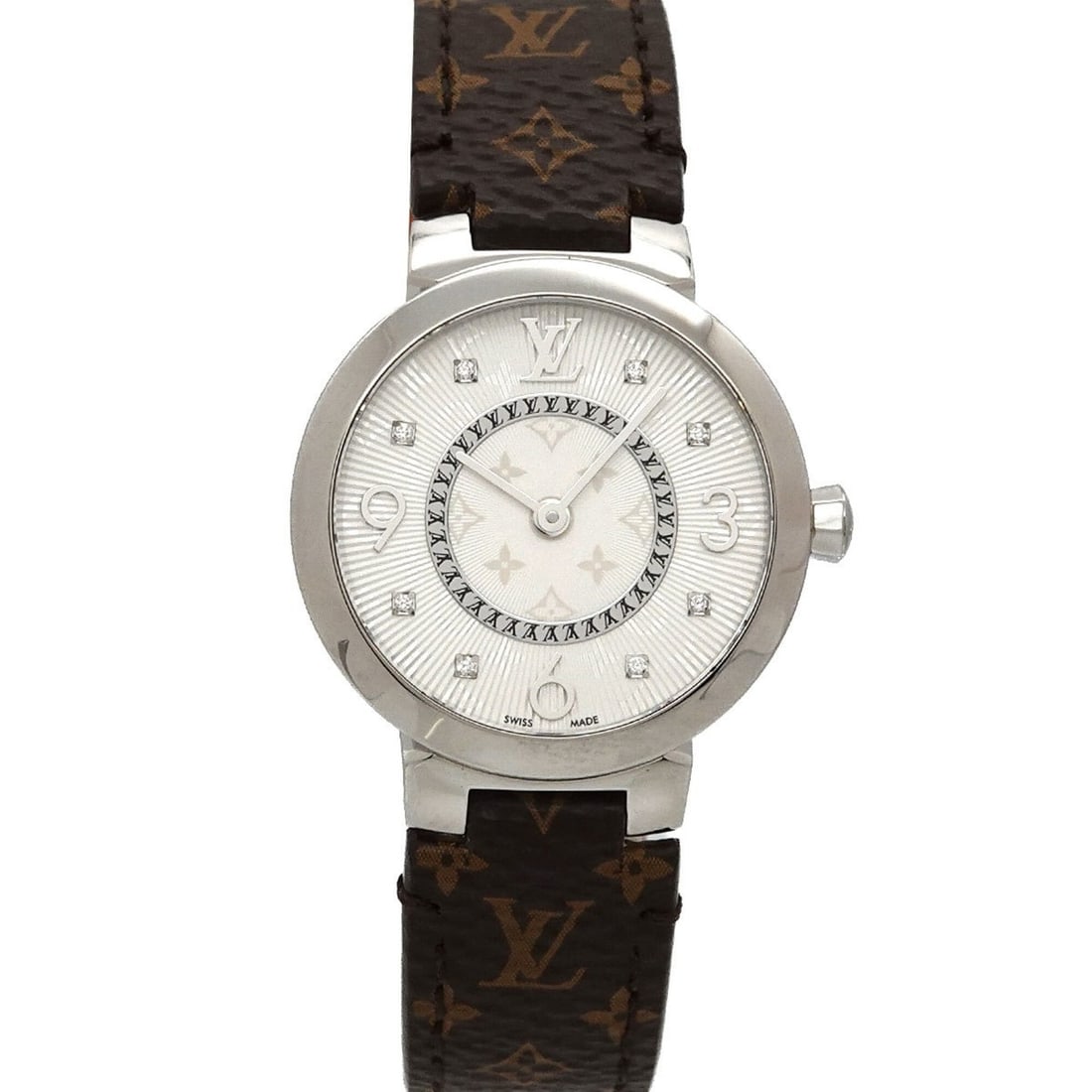 Louis Vuitton Tambour Q12MG Women's Watch, 8 Diamonds, Silver, Quartz Watch: --- Catalog ---Category: SizeWrist Size: 12.5cm - 16.5cm / 4.92'' - 6.49''Case Diameter: 28mm / 1.1''Category: DesignType: WristwatchGender: WomenColor (Dial): SilverMaterial (Band): LeatherMaterial (