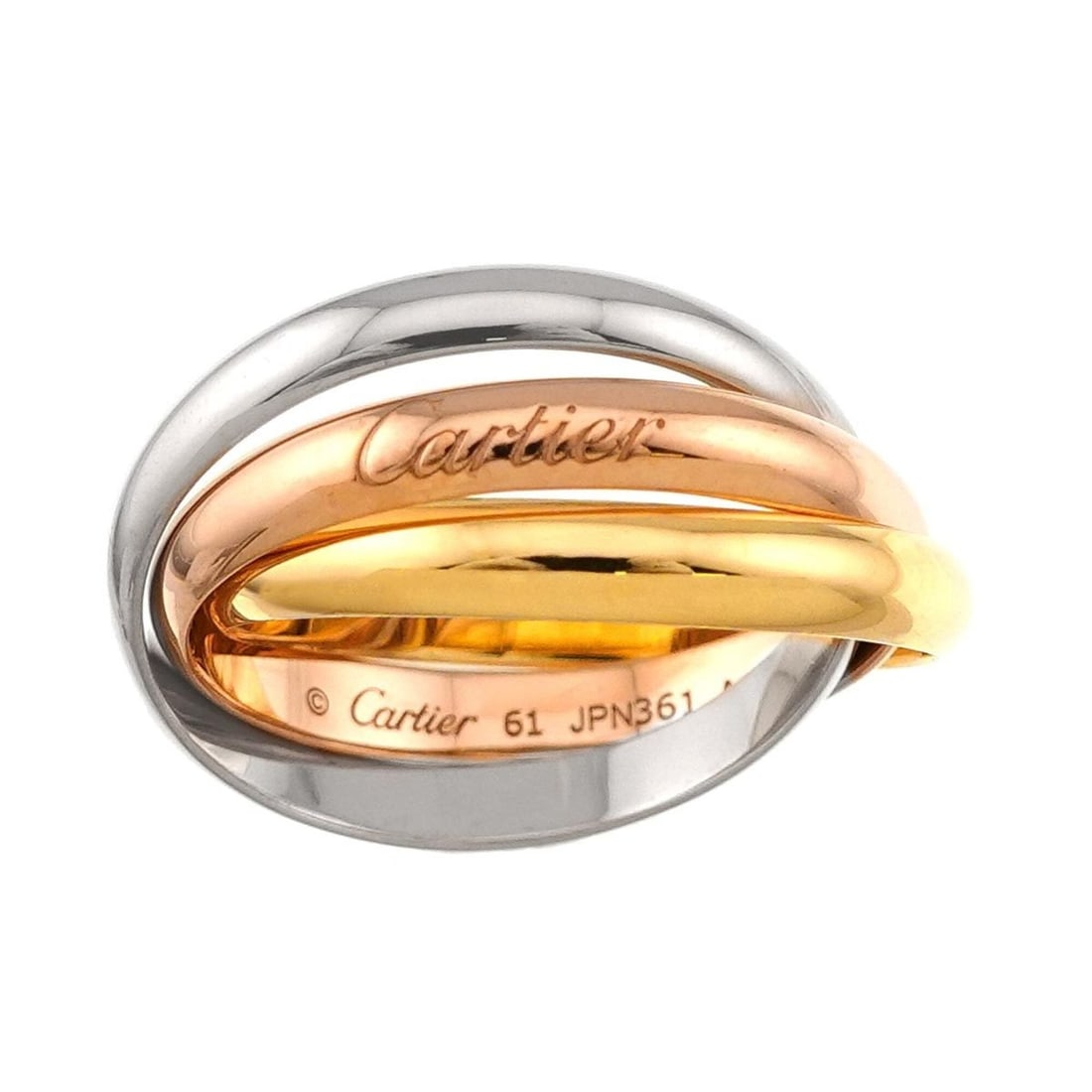 Cartier Trinity Ring MM #61 18K YG WG PG Triple Band Three Gold 3 Color 750: --- Catalog ---Category: SizeWidth: 3.3mm / 0.13''JP Size: 20.5US Size: 10Category: DesignType: Band ringGender: MenMaterial: Pink gold (18K), White gold (18K), Yellow gold (18K)Category: GeneralLine: